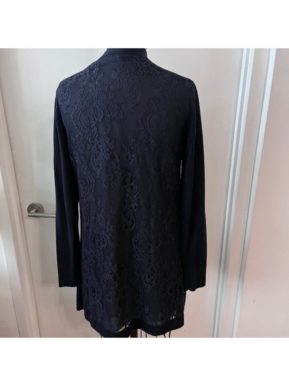 LAFAYETTE 148 Navy Wool Open Front‎ Cardigan with Lace Back Size Small
